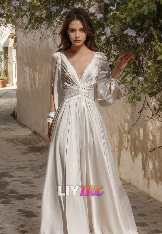 Blowout Sale V-Neck Long Sleeves Chiffon Pleated A-Line Beach Wedding Dress
