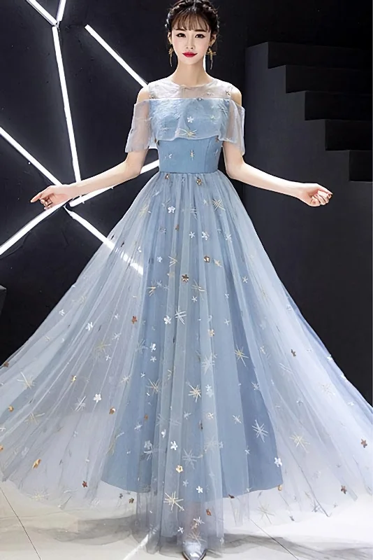 Steals and Deals Blue Round Neck Tulle Long Prom Dress, Blue Tulle Evening Dress, 1