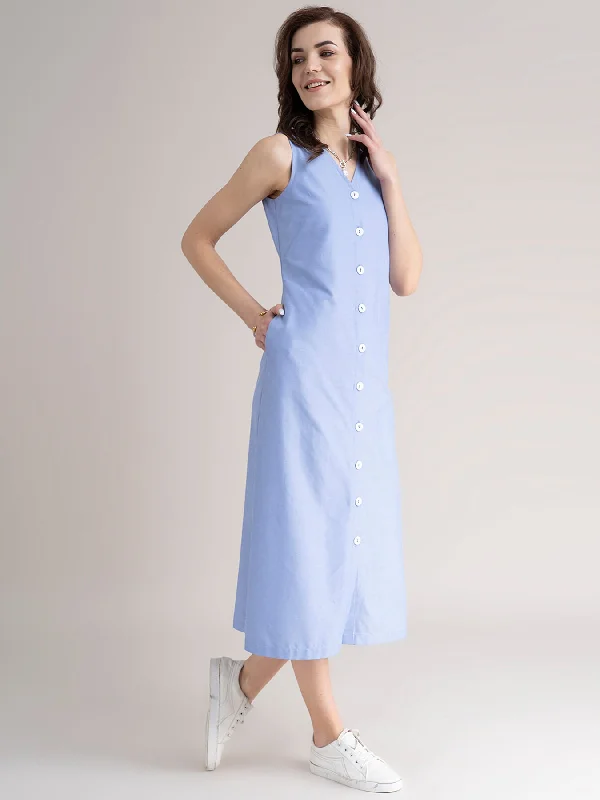 Cotton Button Down Dress- Blue