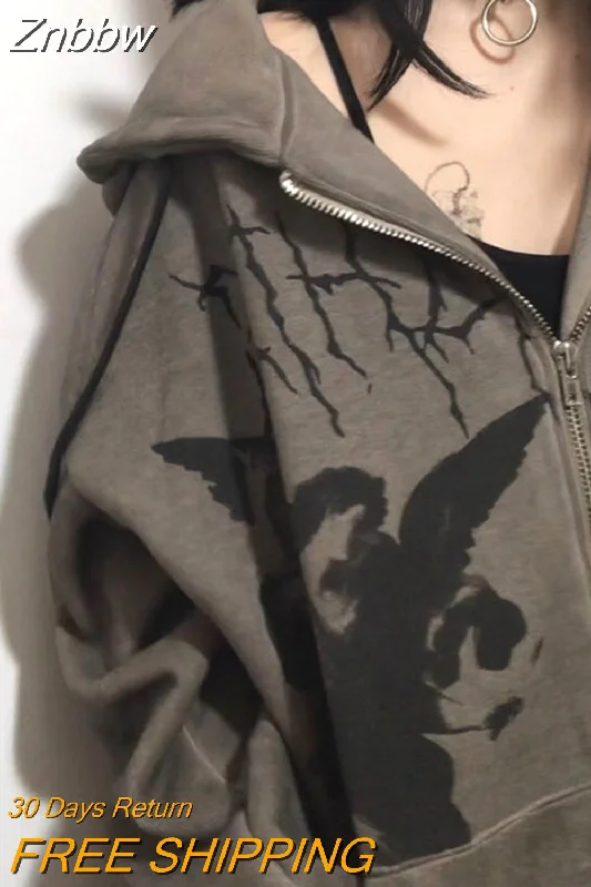 Special Discount Znbbw Women Hip Hop Streetwear Hoodies Goth Angel Dark Print Zipper Jacket Coat Harajuku Y2K Hooded Top Clothes Men Women Punk Outwear