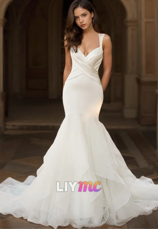 Overstock V-Neck Straps Sleek Mermaid Sweep Train Wedding Dress