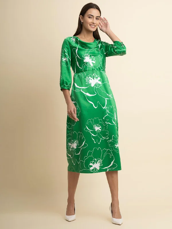 Buy More, Save More Satin Cowl Neck Dress - Green And White