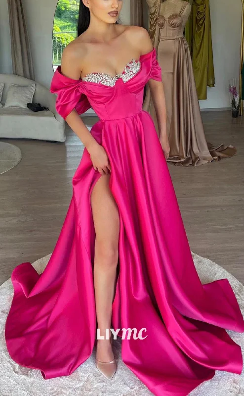 Super Sale LP2048 - Off-Shoulder Strapless Beaded Pleaded Stin High Slit Prom Dress