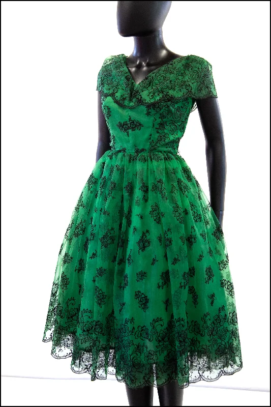 Price Fest Vintage 1950s Green Flocked Cocktail Dress