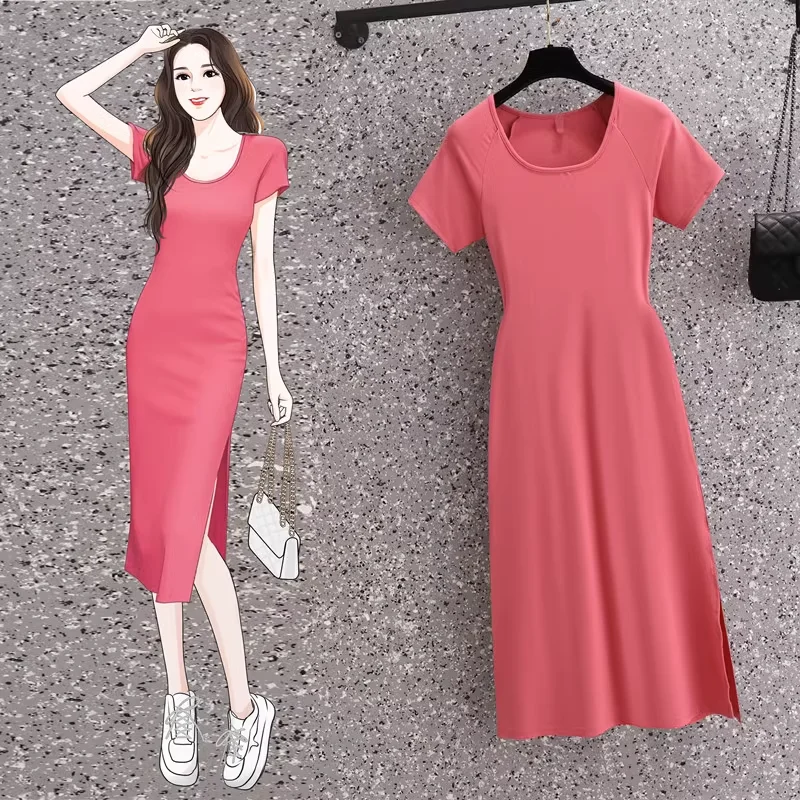 Incredible Offers Plus Size Square Neck Pink Midi T Shirt Dress