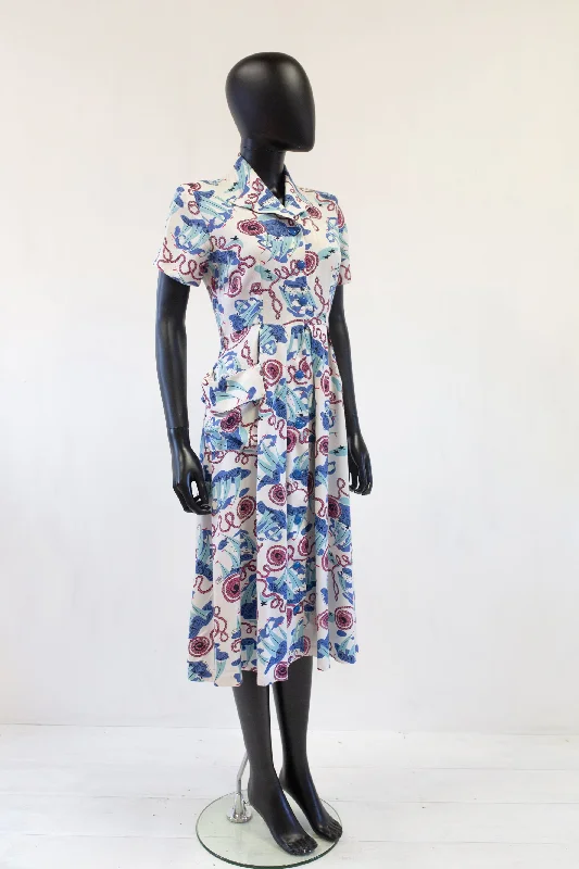 Vintage 1940s Nautical Print Linen Dress