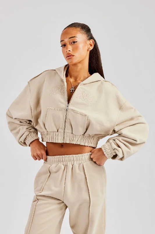 Huge Discounts Cropped Exposed Seam  Zip Through Hoodie - Stone