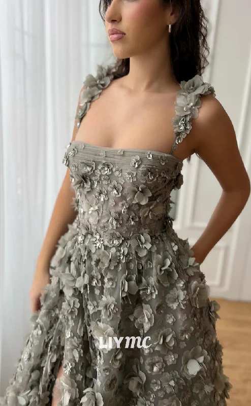 Best Bargains LP2190 - Square Sleeveless Floral Embellished High Slit A-Line Prom Dress