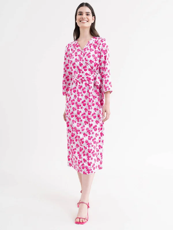 Amazing Deals Floral Wrap Dress - Fuchsia