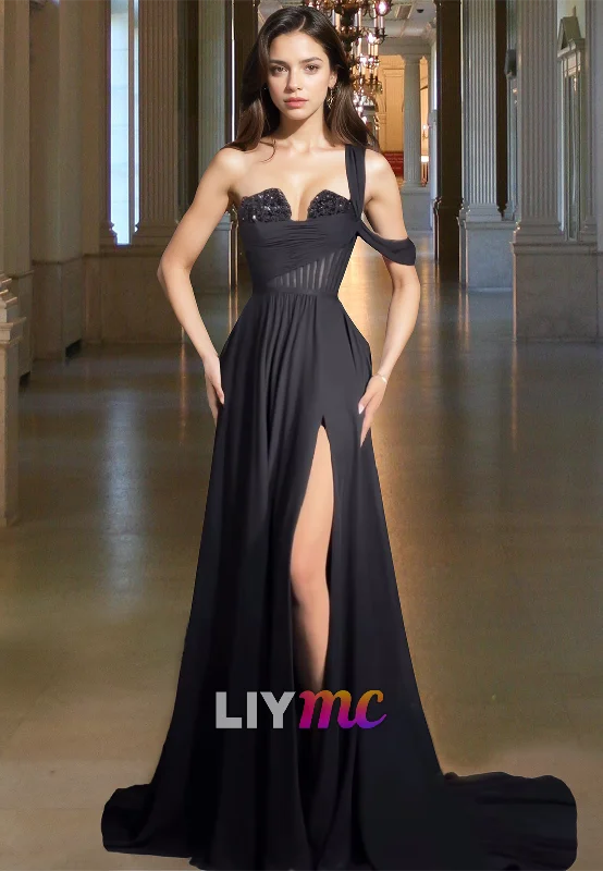 Daily Deals One Shoulder Sleeveless Side Slit Pleated A-Line Prom Dress