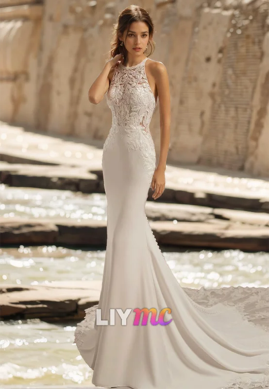 Holiday Sale Halter Sleeveless Lace Appliques Sleek Mermaid Boho Wedding Dress