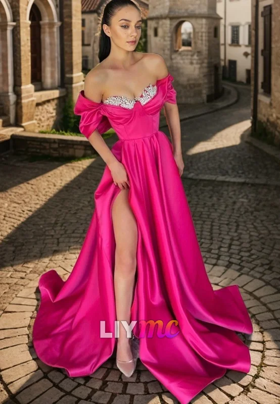 Limited Quantity LP868 - A Line Off Shoulder Beads Pink Long Formal Prom Dress with Slit Limited Quantity LP868 - A Line Off Shoulder Beads Pink Long Formal Prom Dress with Slit