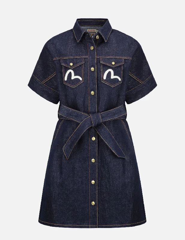 While Supplies Last Logo and Floral Embroidery Denim Dress