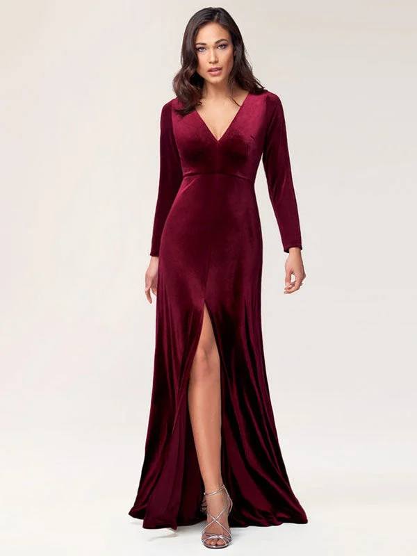 Super Bargain Stunning Burgundy Evening Dress Sheath Long Sleeve V-Neck Velour Social Party Dresses