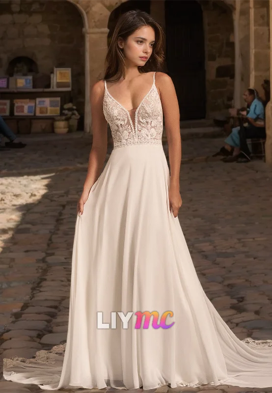 Online Specials V-Neck Spaghetti Straps Lace Appliques Sleek A-Line Beach Wedding Dress Online Specials V-Neck Spaghetti Straps Lace Appliques Sleek A-Line Beach Wedding Dress