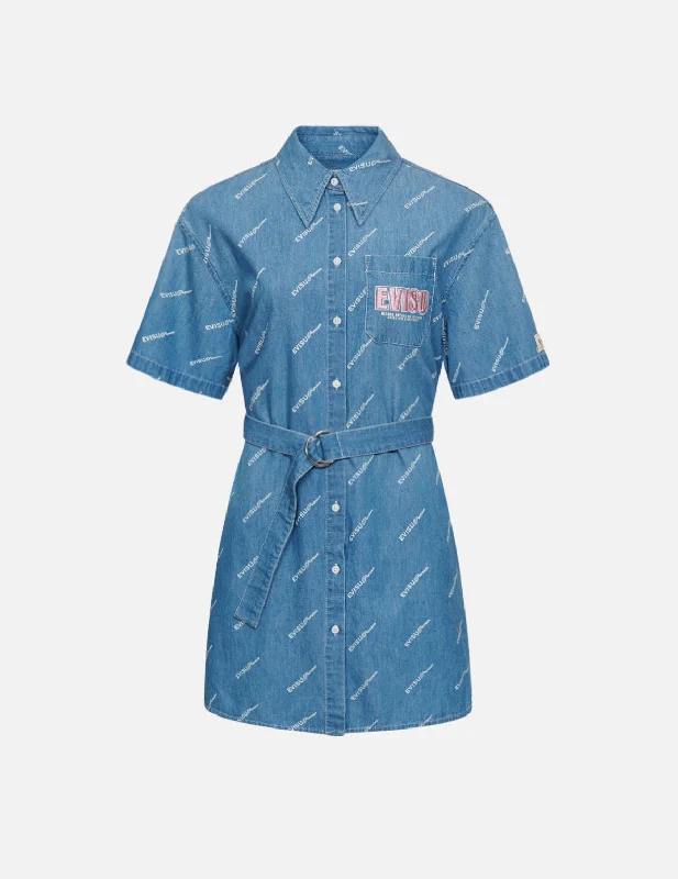 Closeout Sale Sake Bottle Embroidered Monogram Denim Shirt Dress