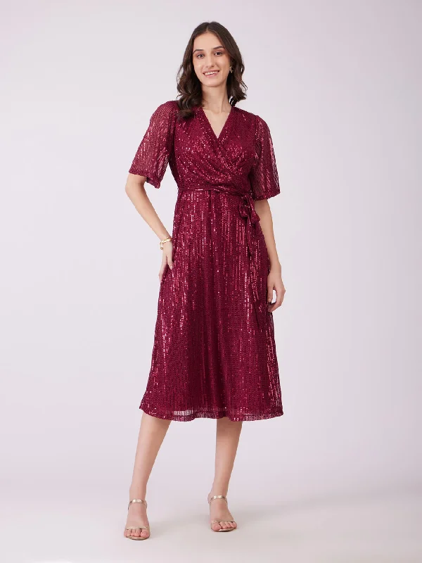 Sequin Wrap Dress - Maroon