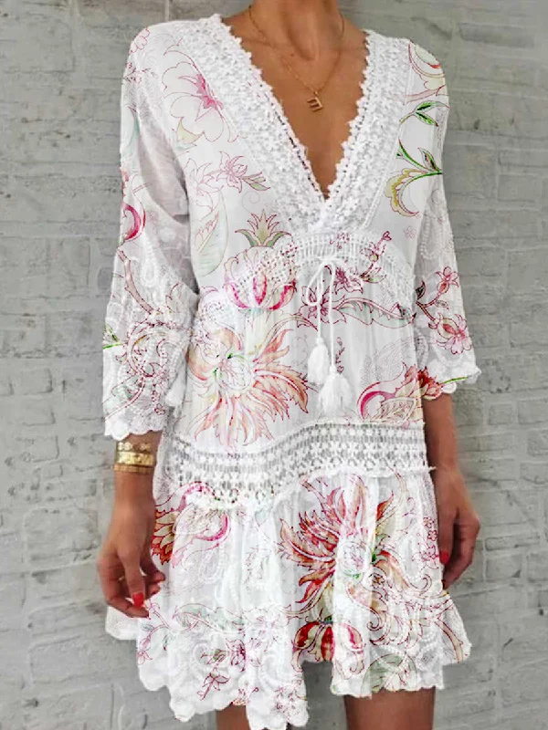 Limited Time Offer White Mid-sleeved Loose-waist Printed Lace Dress