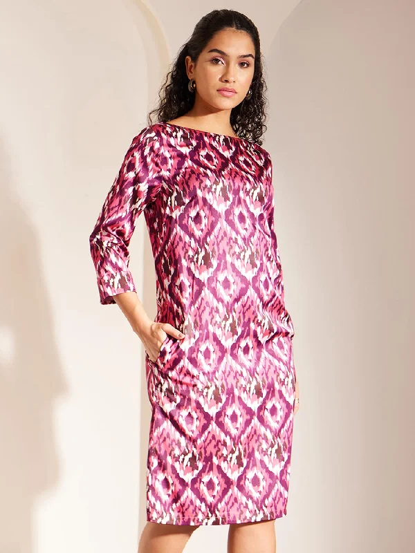 Buy Now Ikkat Print Boat Neck Dress - Pink And Purple