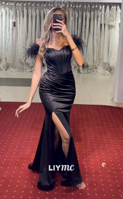 While Supplies Last LP1989 - Off-Shoulder Feathered Pleated Ruched Satin Side Slit Prom Dress While Supplies Last LP1989 - Off-Shoulder Feathered Pleated Ruched Satin Side Slit Prom Dress