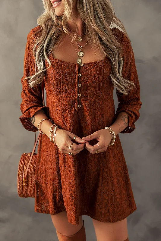 Closeout Chestnut Lace Crochet Buttoned Square Neck Mini Dress