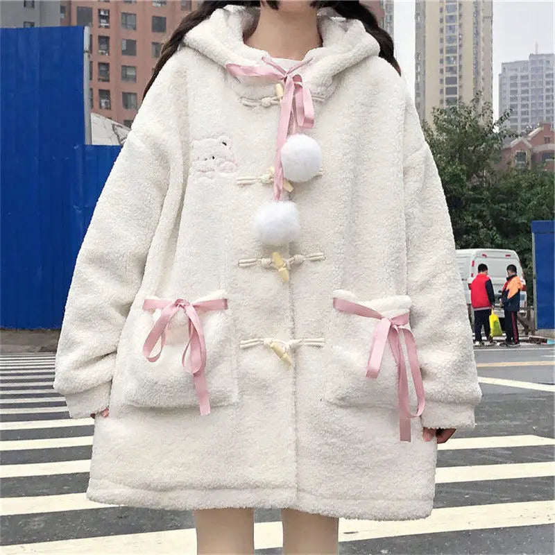 Znbbw Kawaii Wool Coat Women Loose Japanese Sweet Lolita Outwear Jacket Female Korean Style Pockets Warm Hoodies Overcoat 2024