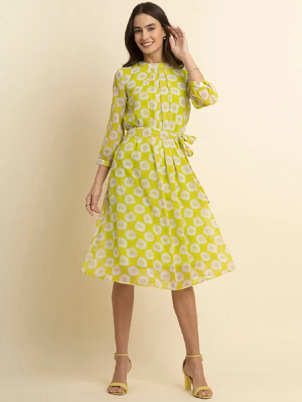 Can't Miss Georgette Floral A Line Dress - Acid Green and White