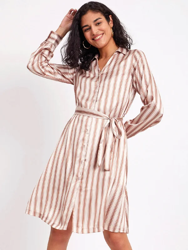 Savings Spectacular Satin Striped Dress - Beige And Brown