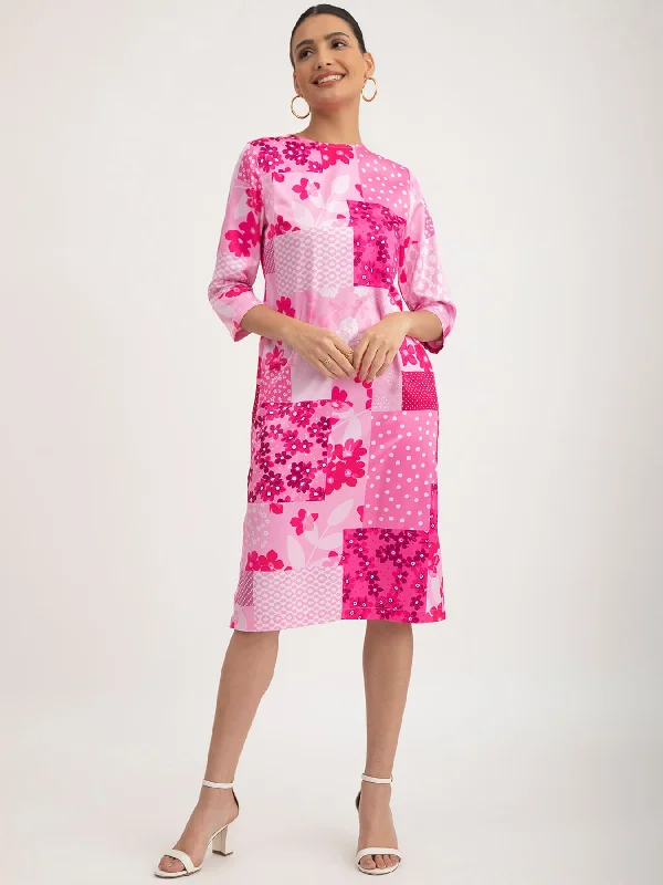 Crazy Deals Satin Floral Print Dress - Pink
