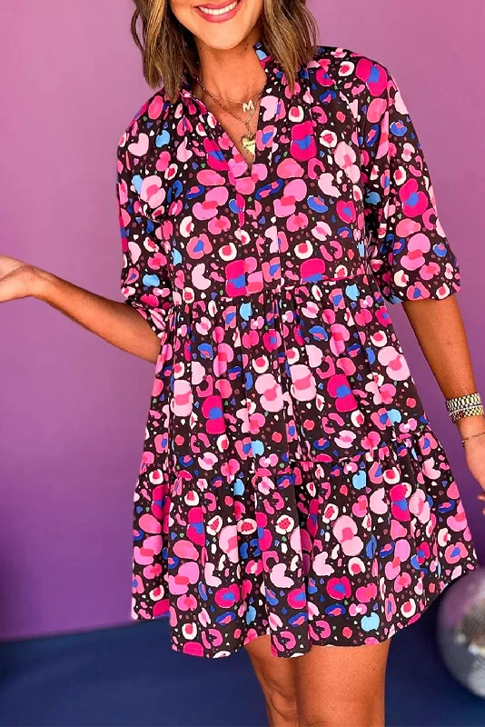 Epic Deals Rose Abstract Print V Neck Collared Half Sleeve Short Dress