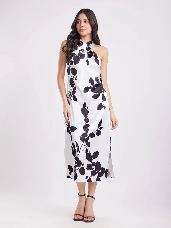 Satin Halter Neck Dress - White And Black