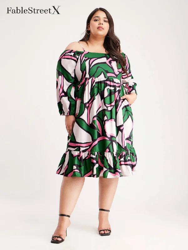 Savings Event Off Shoulder Floral Dress - Green And Beige