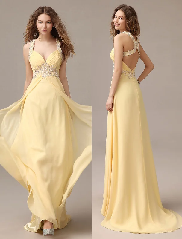 Exclusive Offers Stunning Evening Dresses Long Chiffon Daffodil Applique Beaded Evening Gown Back Design Sleeveless Formal Party Dresses With Train