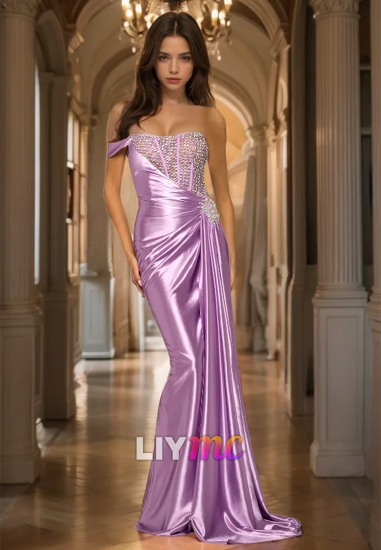 Hot Deal Sweetheart Sleeveless Beaded Ruched Pleated Mermaid Prom Dress