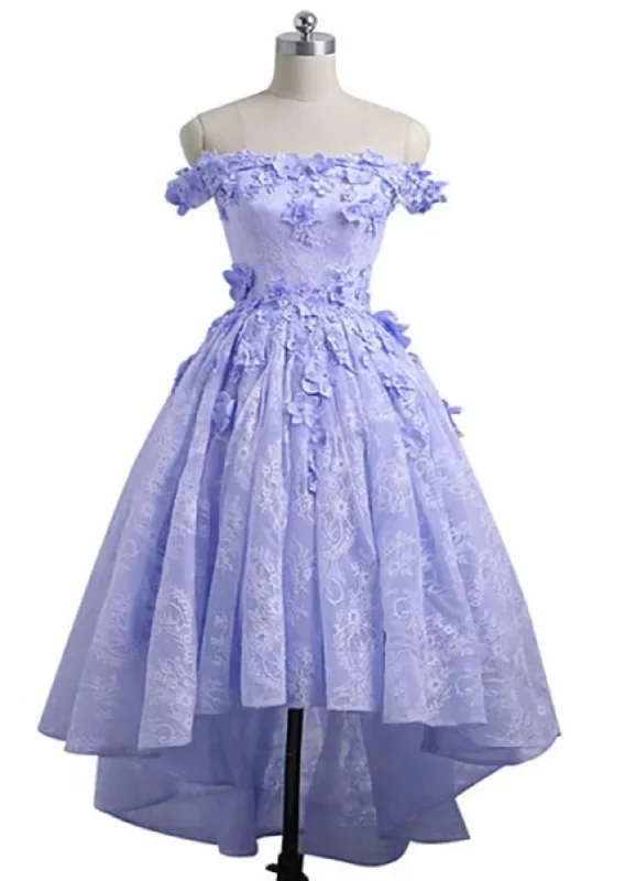 Exclusive Deal Lavender High Low Lace Party Dress, Cute Off Shoulder Prom Dress