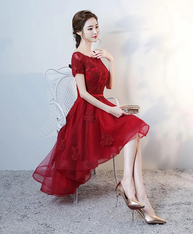 Clearance Items Burgundy Lace High Low Short Prom Dress, Lace Evening Dress
