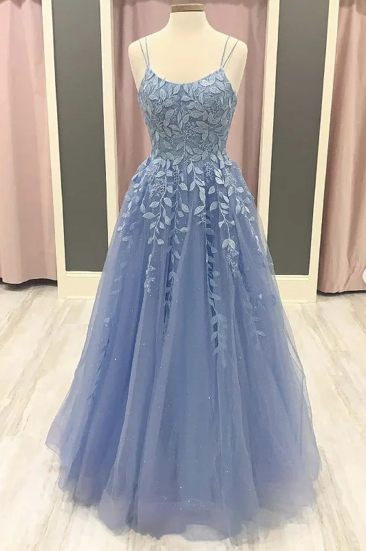 Buy Now Blue Tulle Lace Applique Long Prom Dress, Lace Formal Dress