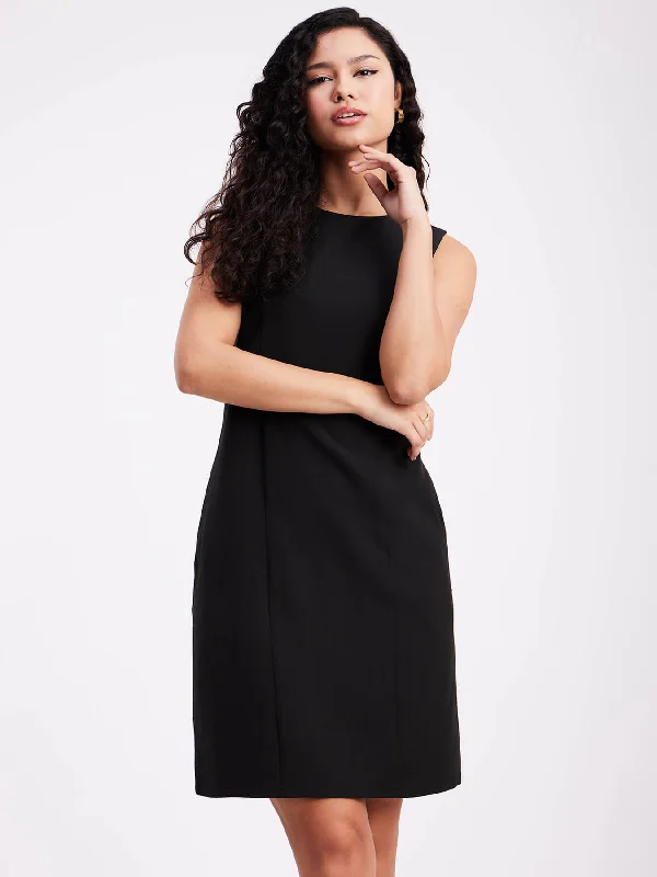 Crew Neck Shift Dress - Black