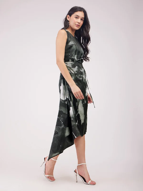 Satin Asymmetric Hem Dress - Black And Grey