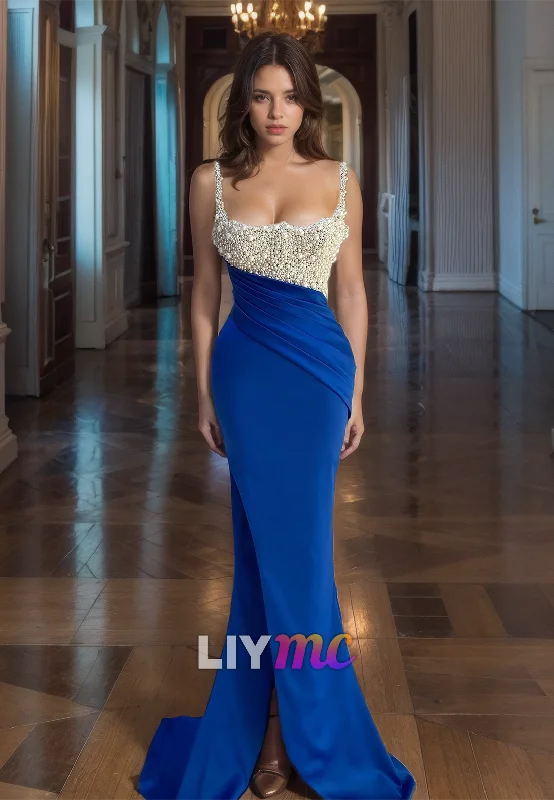Clearance Items Square Sleeveless Pearl Beaded Ruched Mermaid Prom Dress