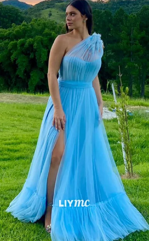 Discount Mania LP1958 - Simple Asymmetrical Sleeveless Feathered Tull Side Slit A-Line Prom Dress Discount Mania LP1958 - Simple Asymmetrical Sleeveless Feathered Tull Side Slit A-Line Prom Dress