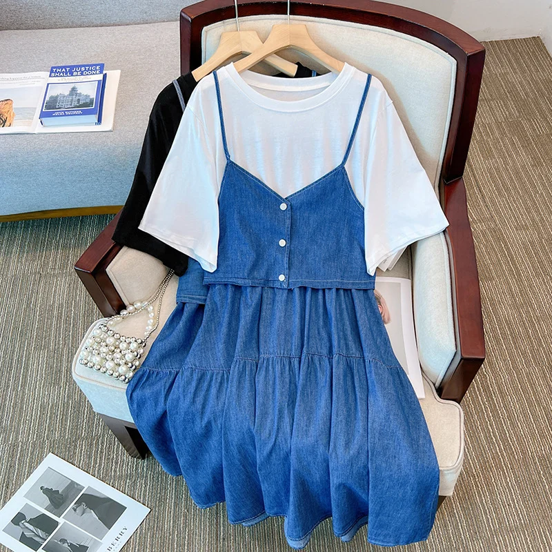 Instant Savings Plus Size Mock 2 Piece Denim Button Tier Dress (EXTRA BIG SIZE)