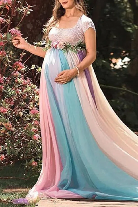 New Arrival Rainbow Lace Maxi Maternity Gown Baby Shower Dress