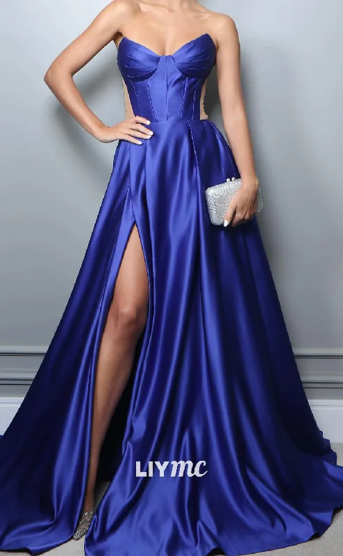 Super Bargain LP2097 - V-Neck Strapless Pleated Side Slit A-Line Prom Dress