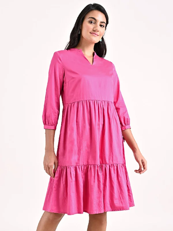 Online Only Cotton Tiered Dress - Fuchsia