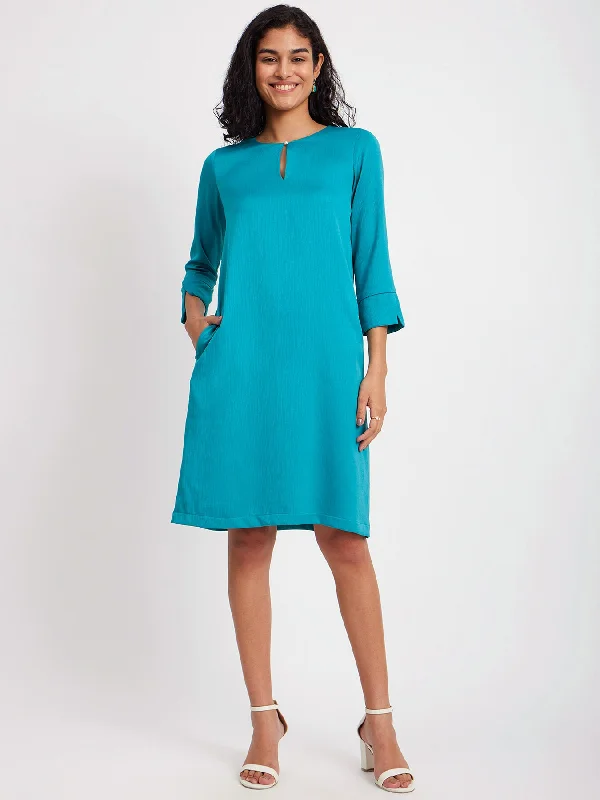 Huge Discounts Satin Round Neck Dress - Teal