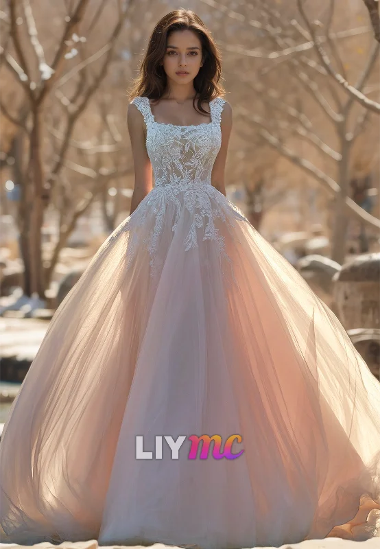 Savings Alert Square Sleeveless Lace Appliques Tulle A-Line Wedding Dress