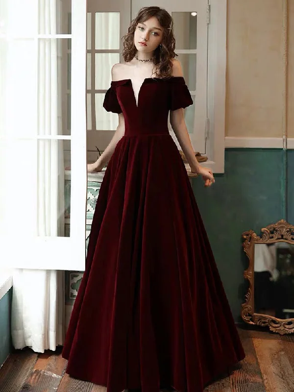 Savings Alert Stunning Evening Dress A Line Off The Shoulder Short Sleeves Floor Length Laceup Pockets Velour Formal Dinner Dresses