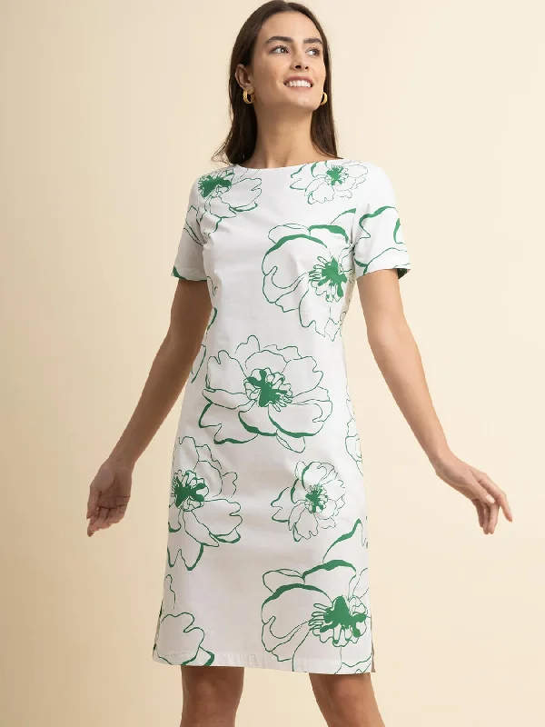 Super Sale Cotton Boat Neck Dress - White And Green