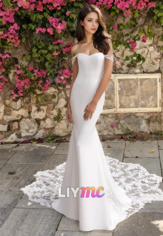 Lowest Prices Off-Shoulder Strapless Appliques Sleek Satin Mermaid Wedding Dress